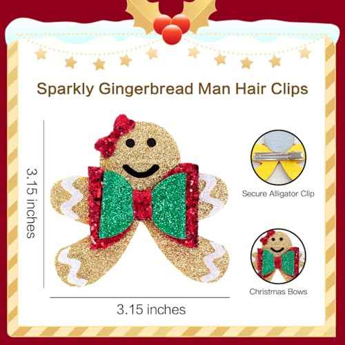 Glitter Christmas Hair Clips - 2PCS Sparkly Cute Gingerbread Man Hair Clips for Girls Non-slip Metal Alligator Hairpin Barrette Festive Hair Accessory for Christmas Party Kids Xmas Gifts