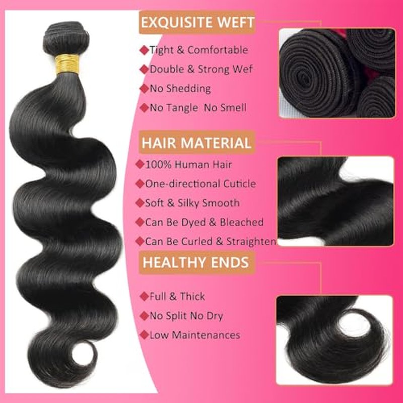 Body Wave Bundles Human Hair 20 22 24 Inch 12A Human Hair Bundles 100% Unprocessed Brazilian Raw Virgin Hair Extensions 3 Bundles Natural Black