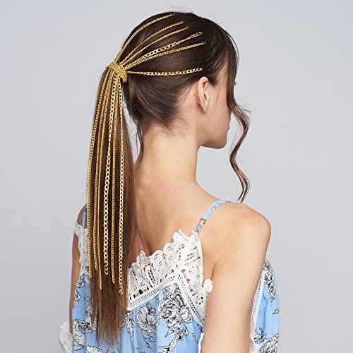 PAGOW 9Pcs Hair Clips Set - Multi-Strand Gold Head Chain, Tassel Ponytail Holders for Women and Girls, Nightclub Christmas Thanksgiving Party Accessory