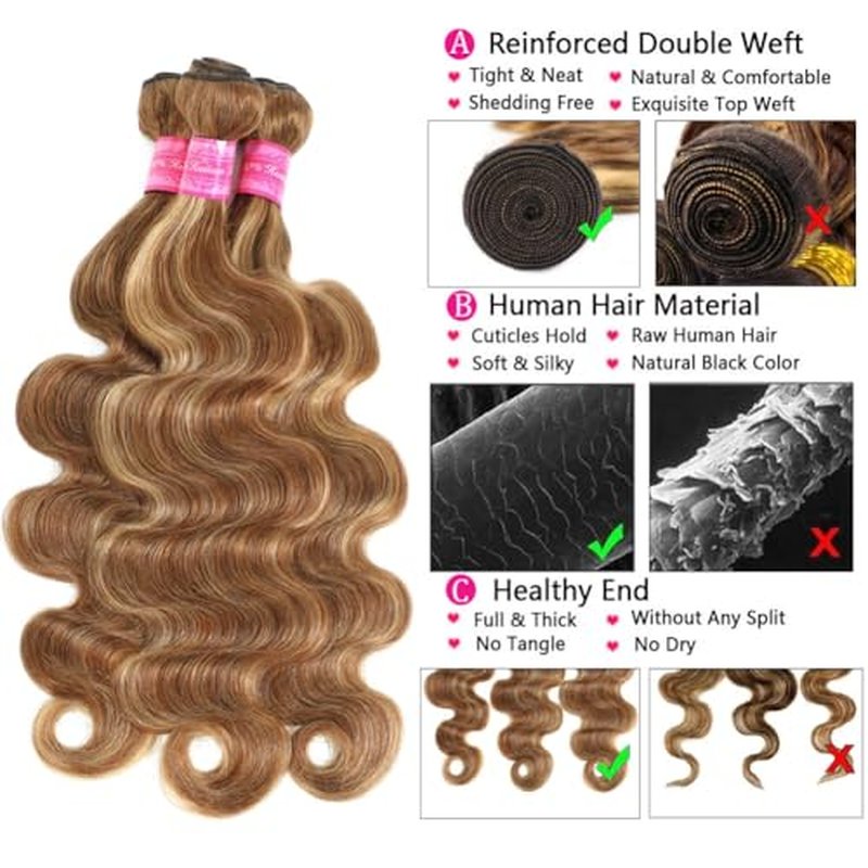 YISEA Ombre Highlight Body Wave Bundles Human Hair 12A Honey Blonde P4/27 Human Hair Body Wave 4 Bundles (18 20 22 inch) 100% Unprocessed Brazilian Virgin Hair Bouble Weft Natural Weave