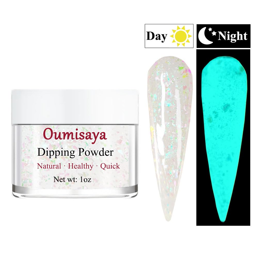 OUMISAYA Glow in the dark Holographic Nail Clear Dip Powder Colors 1OZ Pefect Top Coat Powder with opal foils for black nails art