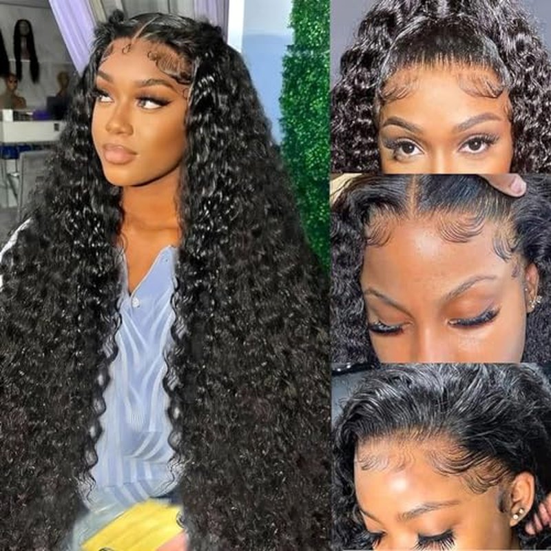 13x6 Deep Wave Lace Front Wigs Human Hair 200% Density 13x6 HD Transparent Lace Frontal Wigs Human Hair for Women Glueless Deep Curly Wig Pre Plucked With Baby Hair Natural Black 28 Inch