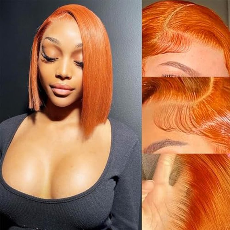 Ginger Orang Bob Lace Front Wigs Human Hair 13x4 HD Lace Frontal 200% Density Orange Ginger Wig Human Hair Short Bob Wigs for Women #350 14 Inch