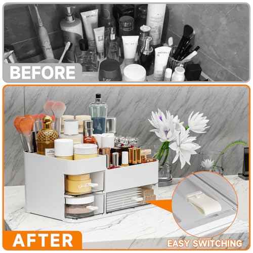 White Makeup Organizer With Drawers,Large Skincare Organizers for Countertop,Desk,Dresser,Plastic Bathroom Counter Organizer for Brush,Palettes,Perfume,Beauty Products Organization,Skin Care Storage