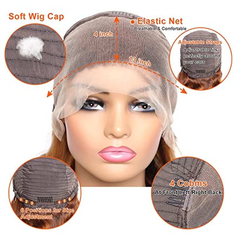 Body Wave Highlight Ombre Lace Front Wig Human Hair Pre Plucked 13x4 HD Transparent 4/27 Colored Honey Blonde Lace Frontal Wigs with Baby Hair 200% Density Lace Front Wigs For Women (24 Inch)