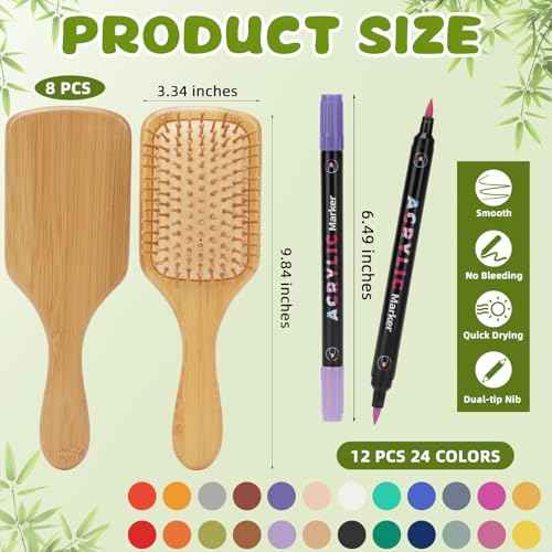8 PCS Bamboo Hair Brush for Hair Growth Natural Bamboo Paddle Hairbrush with 12 Multicolor Pens Massaging Scalp Brush for Women Men Kids Detangling Curly Thick Wavy Hair DIY Gift for Crafts