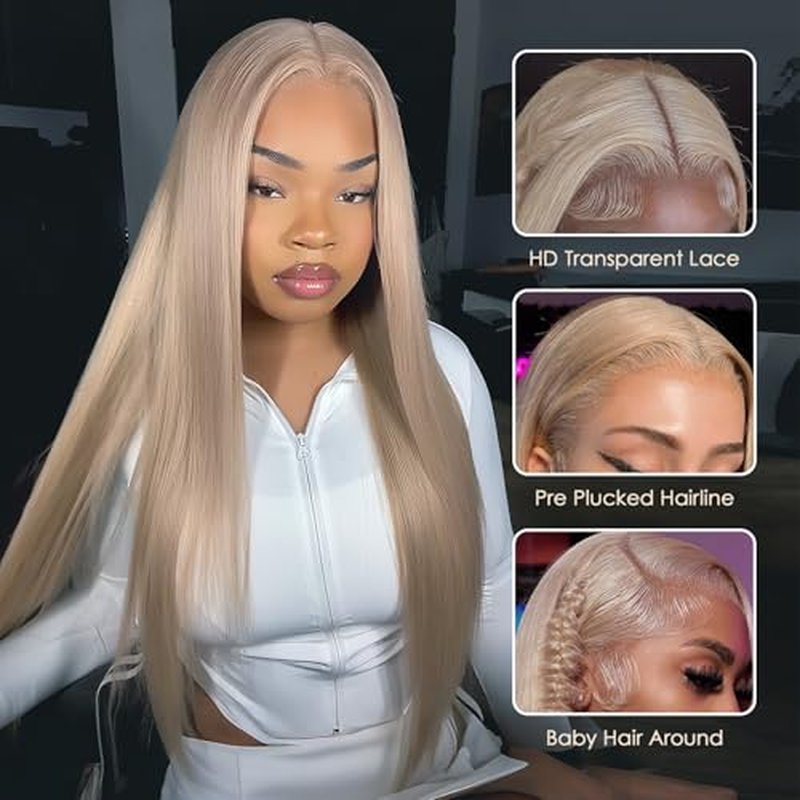 613 Straight Ash Blonde Wig Human Hair, 13x6 HD Lace Front Wigs Human Hair, Glueless & Pre Plucked Human Hair Wig with Baby Hair, 180% Density Ash Blonde Wig (22inch)