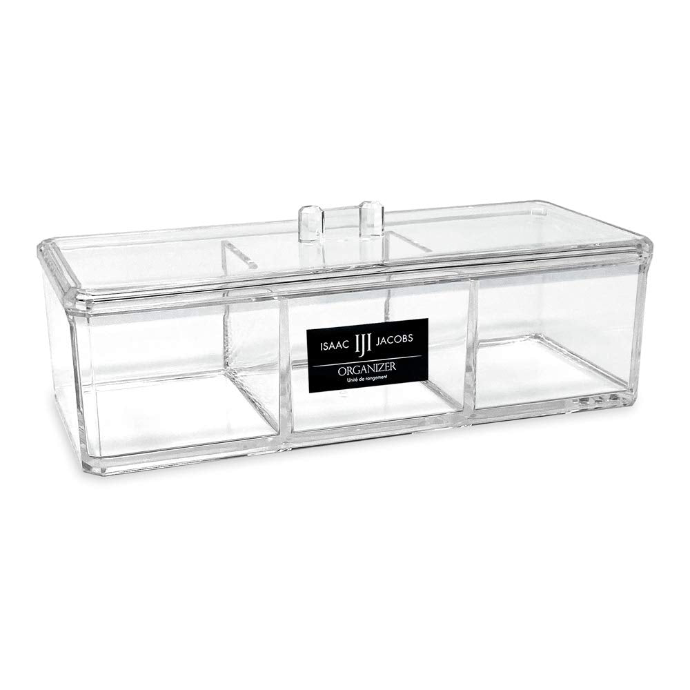 Isaac Jacobs 3-Compartment Clear Acrylic Rectangular Stackable Organizer with Lid, Multi-Sectional Drawer Tray, Storage Solution for Makeup, Craft Supplies, for Bathroom, Kitchen, Office (2, Clear)