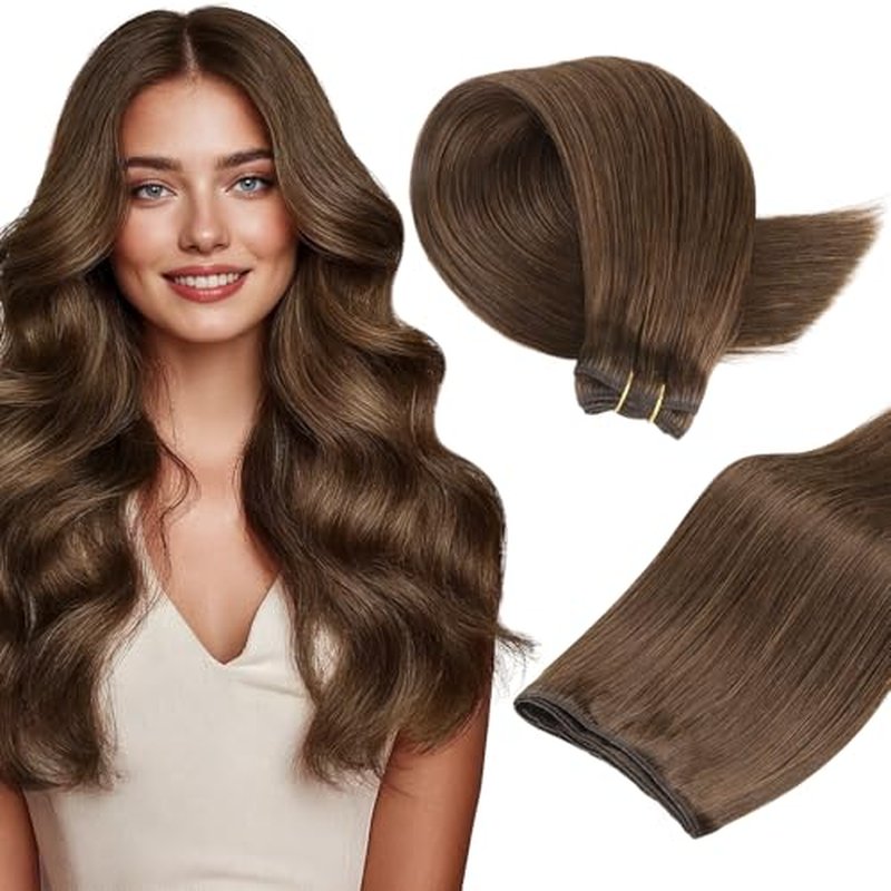 MAXITA Sew in Hair Extensions Real Human Hair, 20 inch 100g Chocolate Brown Remy Straight Human Hair Weft Extensions, Full Hair Double Weft Soft Sew in Extensions