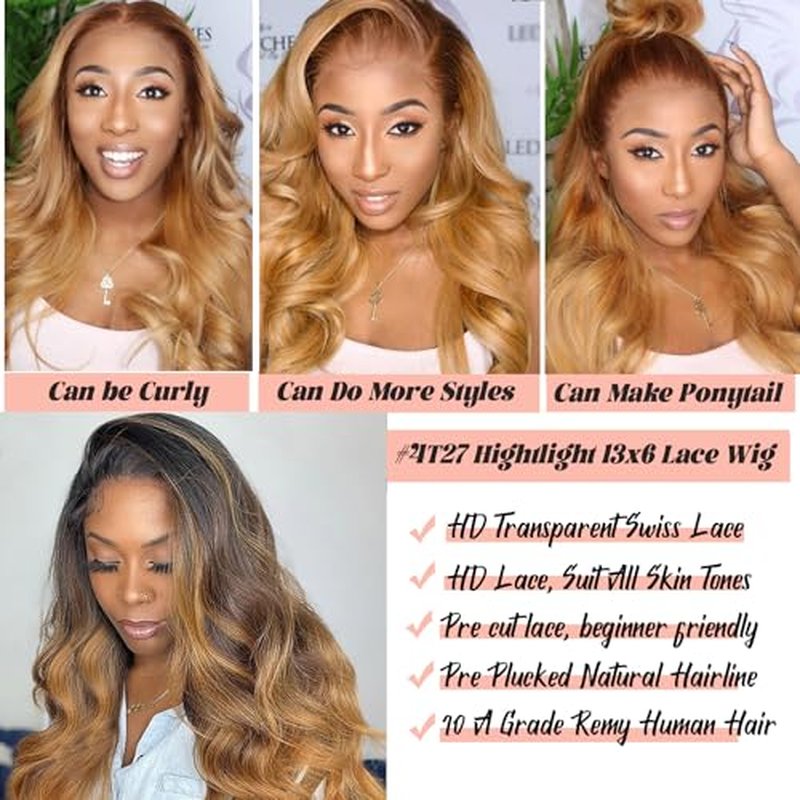 Smavida Highlight Ombre Body Wave HD Transparent Lace Front Wigs Human Hair,13x6 Honey Blonde Body Wavy Lace Frontal Wig Ombre Lace Front Wigs Human Hair for Women Pre Plucked with Bleached Knots 24¡±