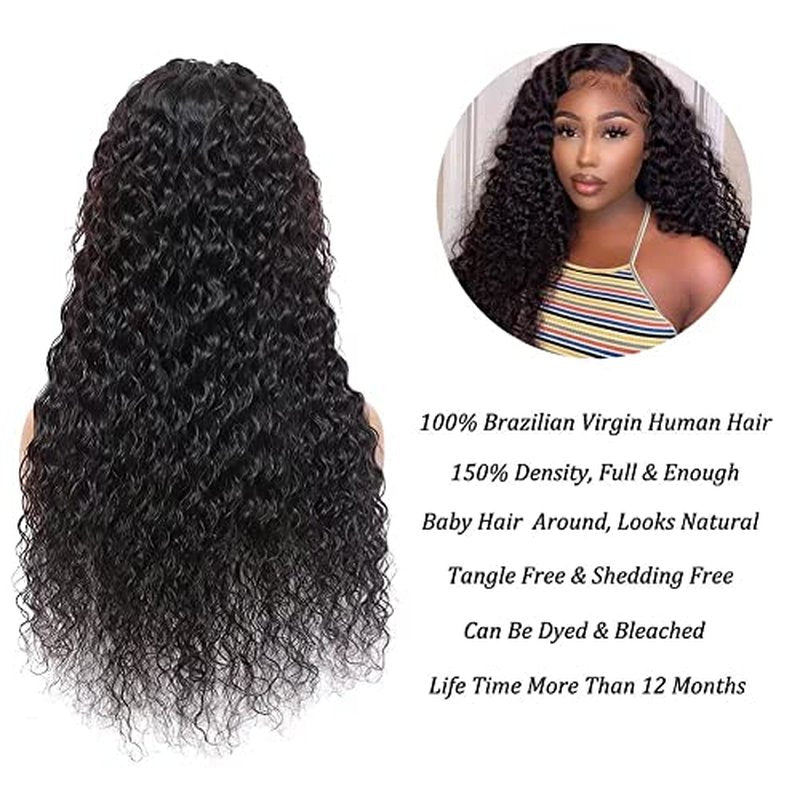 BELE 13x4 Transparent Lace Front Wigs Human Hair 150% Density Brazilian Water Wave HD Lace Front Glueless Wigs Virgin Huamn Hair for Black Women Natural Color Pre Plucked with Baby Hair 24inch