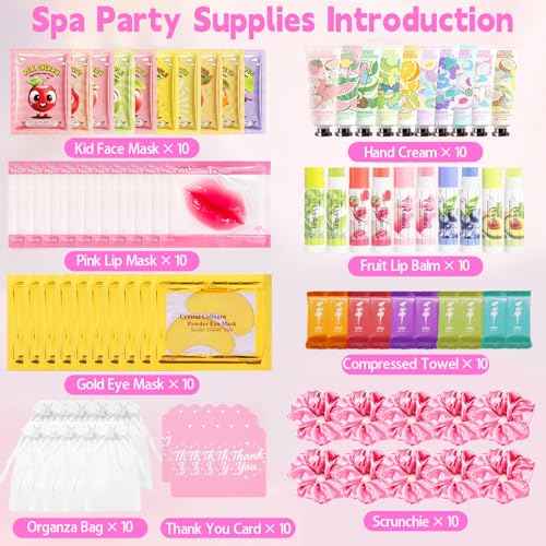90 PCS Spa Party Supplies for Girls, Include 10 PCS Lip Mask, Eye Mask, Facial Masks, Lip Balm, Hand Cream, Scrunchie, Compressed Towel, Organza Bag, Cards, Spa Birthday Party Supplies for Girls