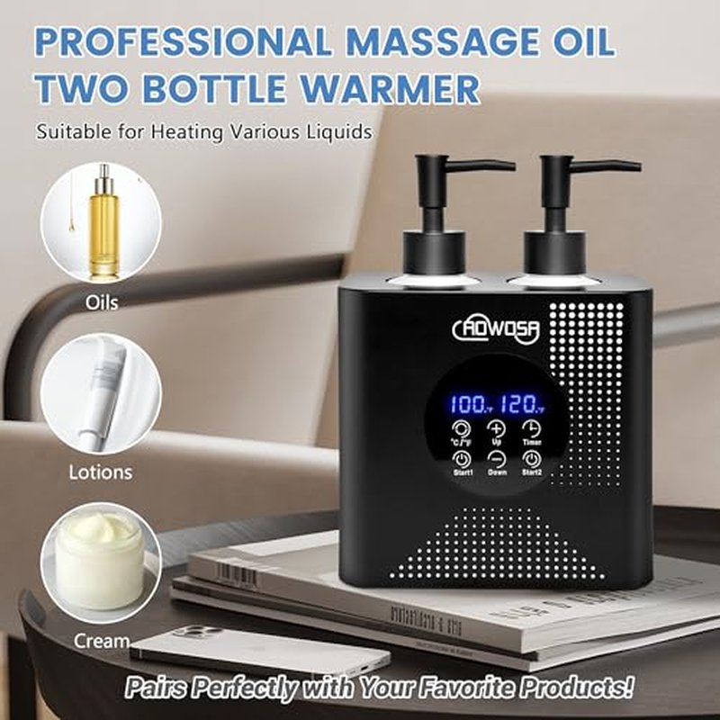 Massage Oil Warmer Double Bottle Professional Electric Lotion Digital Heater for SPA, Portable Oil Warmer Heated Cream for Beauty Salon Home, with ¡É/¢µ Switchable Display, Four Dispenser Bottle