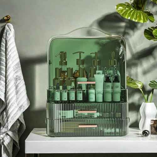 Makeup Organizer, Waterproof & Dustproof Cosmetic Display Cases with 2-Layer and Transparent Cover, Skincare Display Boxes,Makeup Caddy Holder for Vanity Countertop, Bathroom, Dresser, Bedroom, Green