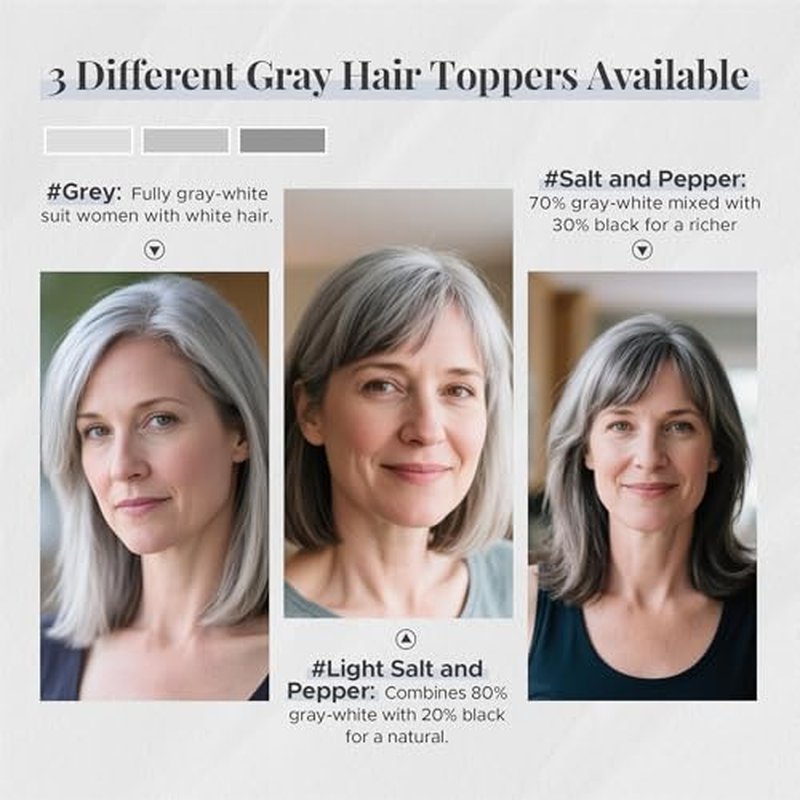 Human Hair Topper for Women with Thinning Hair, 4 Clips, Silk Base 3.94x4.72, No Front Bangs, 10 Inches Lengths, Grey Color, Achieve a Fuller, More Youthful Appearance