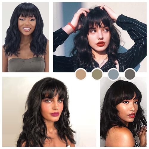 morvally Short Black Wavy Bob Wig with Bangs for Women 16 Inches Natural Synthetic Hair Wavy Wigs