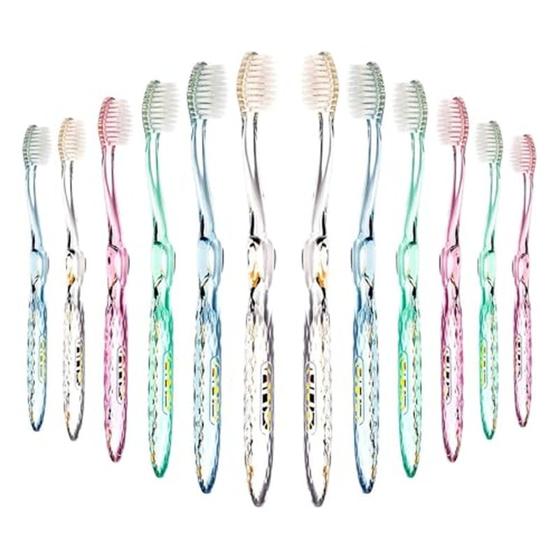 Nano-b Manual Toothbrush Set for Adults with Sensitive Gums, Silver Soft/Medium Bristles, Travel Cases, Blue, Pink, Green, Crystal, 12-Pack