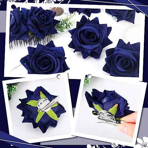 Geyoga Flower Hair Clip Set, 6 Pcs Rose Hair Accessories for Women Girls Wedding Dancing Party (Navy Blue)