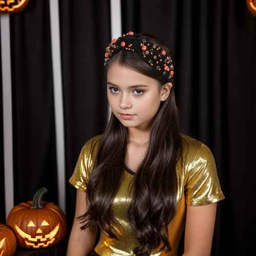 Halloween Pearl Knotted Headbands for Women Sparkly Beaded Crystal Embellished Headband Wide Top Knot Black Pumpkin Hairband Fancy Girls Halloween Hair Accessories Outfits