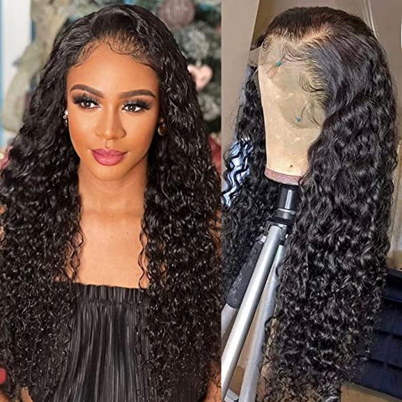 13x4 HD Transparent Water Wave Lace Front Wigs Human Hair Pre Plucked with Baby Hair 180% Density Water Curly Wave Lace Frontal Wigs for Black Women 28 Inch Natural Color