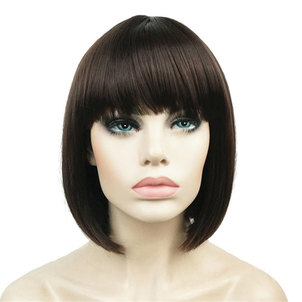 Short Straight Bob Wig with Cute Flat Bangs | Synthetic Women’s Hairpiece - 6 Chestnut Brown