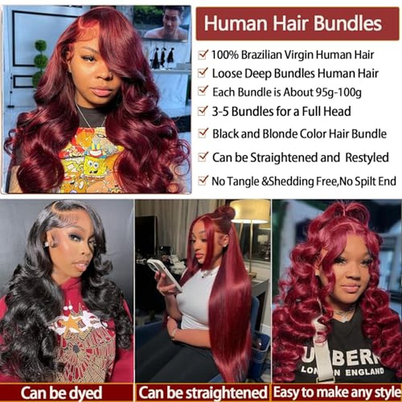 Burgundy Bundles Human Hair with Closure Loose Deep Wave 14 16 18+14inch Raw Quick 99j Red Colored Bundles with 4x4 HD Lace Closure Human Hair