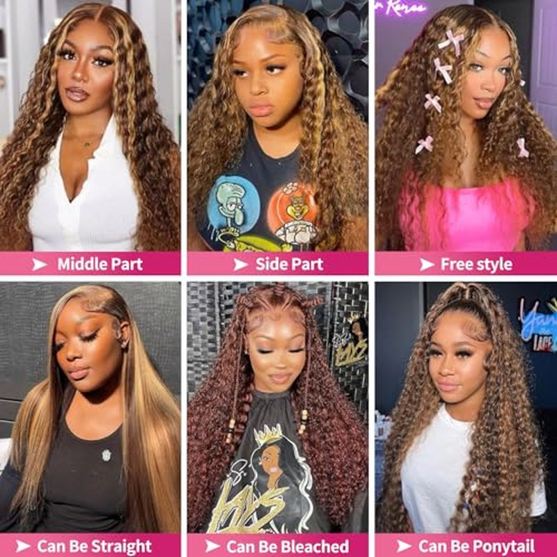 20 Inch Honey Blonde Ombre Highlight 13x6 Full Lace Frontal Wigs Human Hair 200 Density Water Wave 13x6 HD Transparent Lace Front Wigs Pre Plucked #4/27 Colored Human Hair Wig for Women