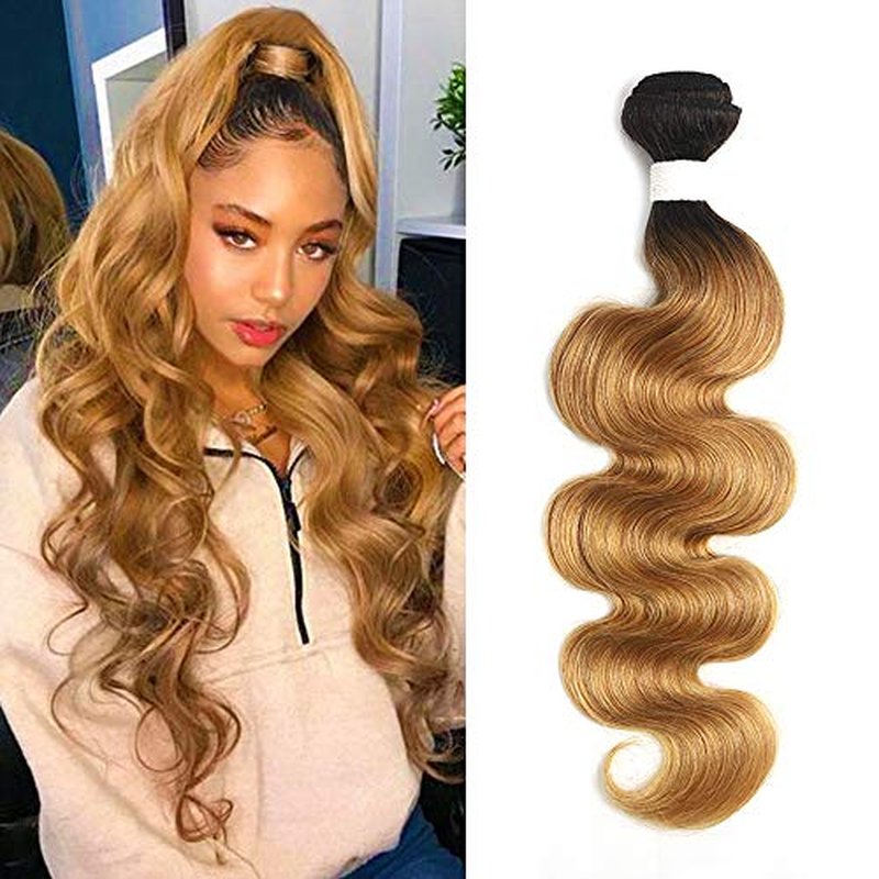 X-TRESS 1b/27 Human Hair Bundles 1 Bundle Ombre Honey Blonde Body Wave Brazilian Hair Weave 100% Human Hair Extensions Bundles Ombre Color 27 Hair Weave(26Inch,T1B/27)