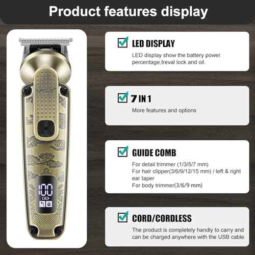 VGR 095 Beard Trimmer for Men, 7 in 1 Waterproof Cordless Hair Clippers and Trimmers Set, Electric Razor Shavers T-Blade Hair Trimmer Grooming Kit for Nose Body Ear Face Mustache, V-103