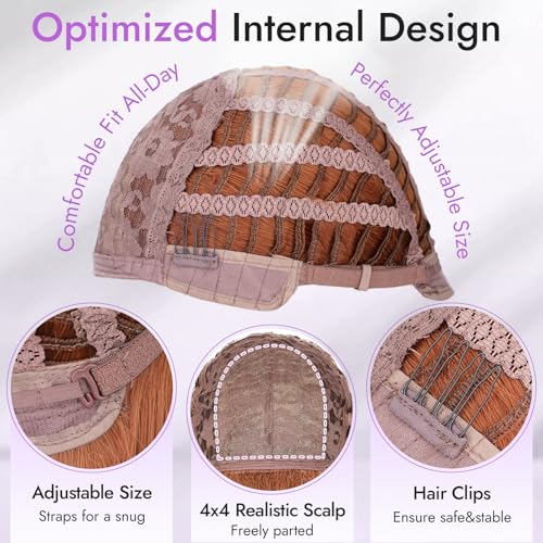 Long Ginger Wig with Bangs for Women,4x4 Realistic Scalp, Free Parting,Layered Hairstyle Synthetic Heat Resistant for Daily Party Use 26 inch