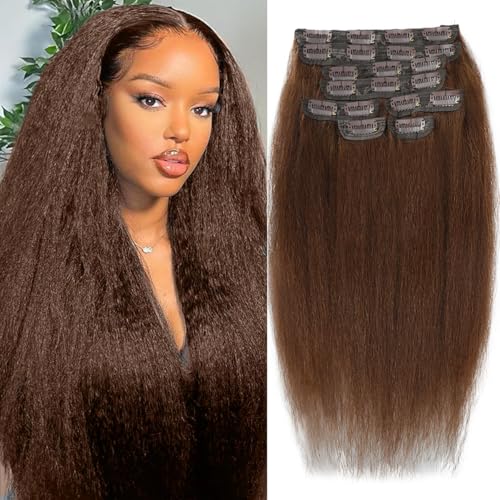 Brown Yaki Straight Clip ins for Black Women Full Head unprocessed Brazilian Remy Human Hair Extensions 22 Inch Seamless Clip ins Human Hair with 20Clips Double Weft 100g Natural Black