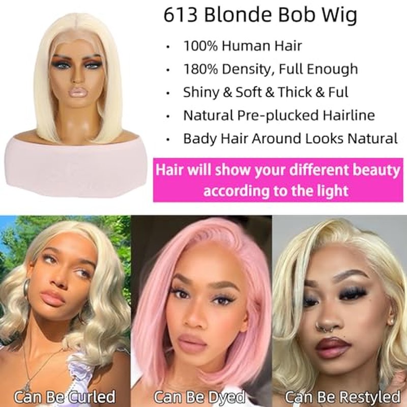 613 Blonde Bob Wig Human Hair 13X4 HD Transparent 613 Lace Front Wig Human Hair for Women 180% Density Frontal Wigs Pre Plucked with Baby Hair Glueless Straight 613 Bob Wigs 16 inch