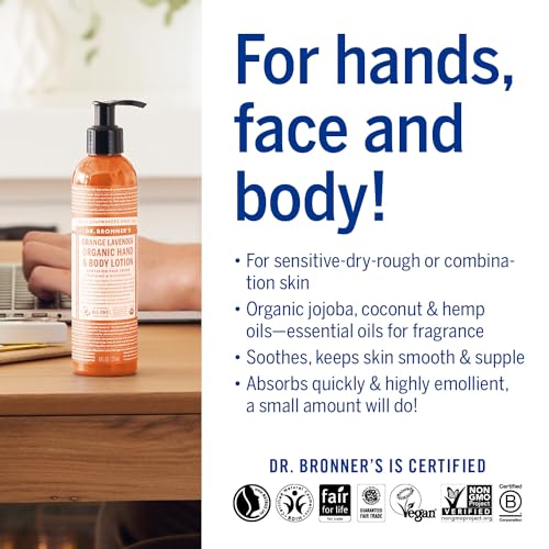 Dr. Bronner's 3-in-1 Orange & Lavender Organic Hand and Body Lotion, Made with Organic Oils, Used for Hands, Face and Body, Certified Fair Trade & Vegan Friendly, 236ml Recycled Bottle