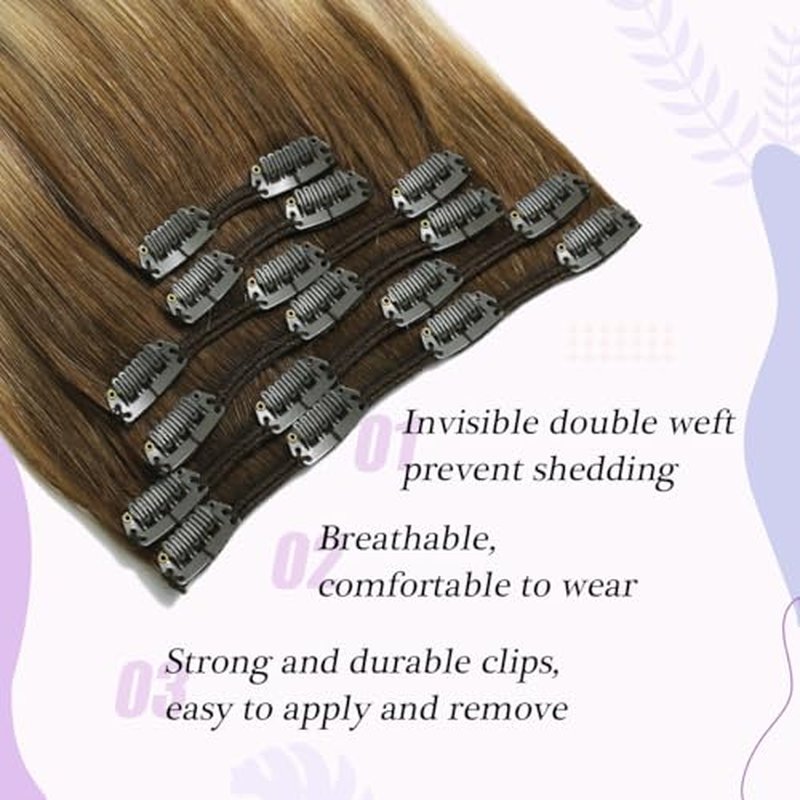 Sindra Clip in Hair Extensions Real Human Hair 18Inch Balayage Dark Brown Ombre Light Brown Blonde Hair Extensions Real Human Hair Clip ins Remy Straight For Woman 120G 6Pcs(clip#3/8/22 18inch)