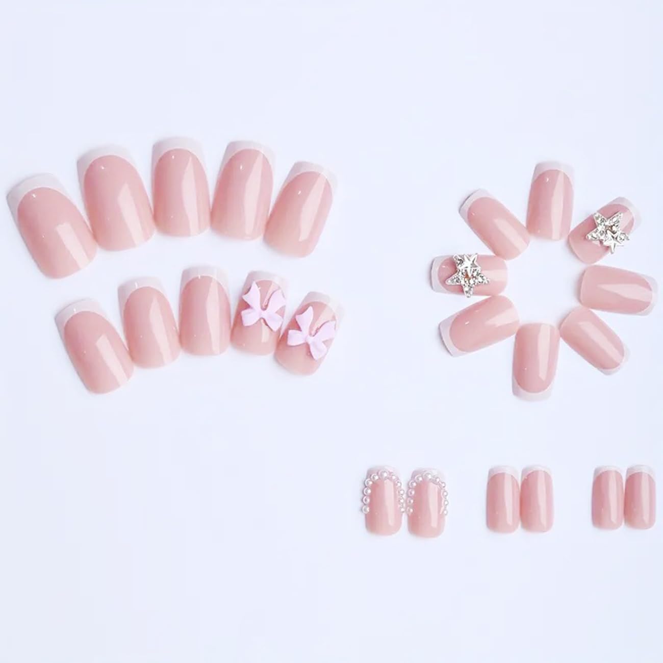 24pcs French Tip Press-On Nails - Short, Charms, Bow, Flower Design, Pink, Cute, Square Shape, Acrylic, Rhinestones