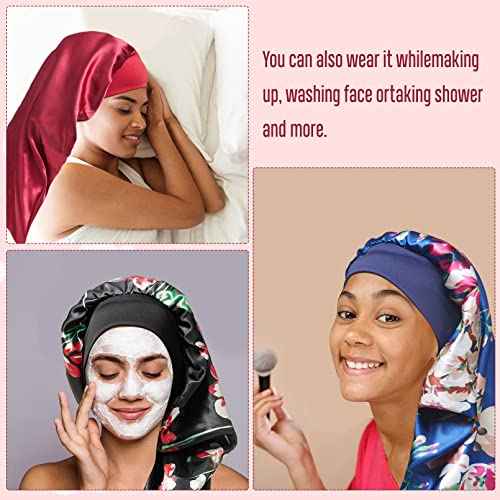 4PCS Long Satin Bonnet Sleep Cap,Black Extra Large Silk Bonnet for Natural Hair, Bonnets for Women Night Sleep,Wide Elastic Band, Very Soft & Comfortable (Black,3 Floral Patterns)