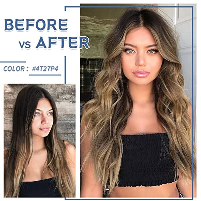 Clip in Hair Extensions Real Human Hair S-noilite #4T4P27 Chocolate Brown to Caramel Blonde Double Weft hair extensions 18 Inch Clip in Real Human Hair for Women Balayage Straight 7PCS 125g