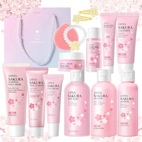 Sakura Skin Care Set, Skincare for Girls 10-12, 15Pcs Skincare Gift Set for Teens Complete Skincare Routine, Travel Size Skincare Set with Hair Clips, Kids Skin Care Set for Girls Ages 8-12