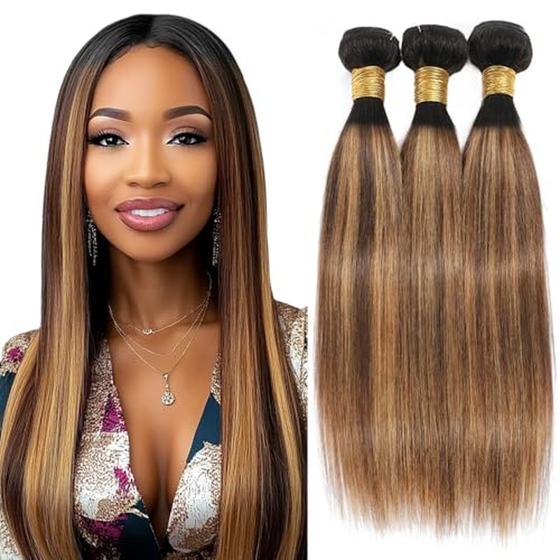 T1BP4/27 Human Hair Straight Bundles 26 28 30 inch Double Weft Brazilian Hair Extensions Ombre 3 Tone Dark Brown and Color 27 Honey Blonde Bundles for Women