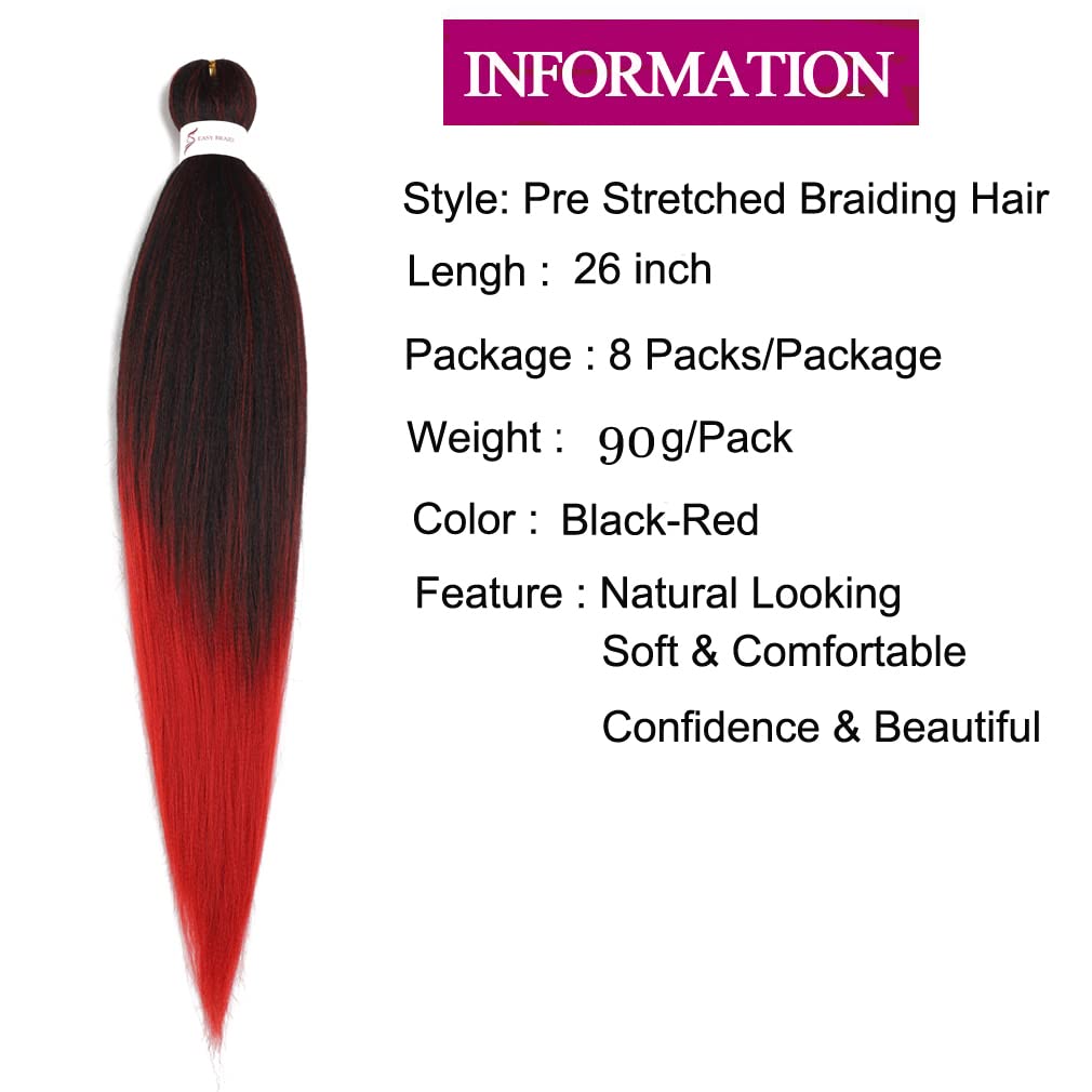 Pre Stretched Braiding Hair 26 Inch 8 Packs Professional Braiding Hair Extensions Synthetic Fiber Crochet Twist Braids Hot Water Setting Soft Yaki Texture(26",mixed black & red)