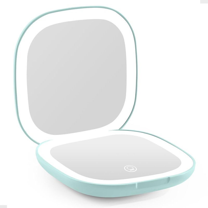 Compact Magnifying Travel Makeup Mirror with LED Light - 3.5 inches 1X/10X Magnification Small Hand Pocket Dimmable Double Sided USB Rechargeable Touch Screen, Portable Tabletop Cosmetic (White)