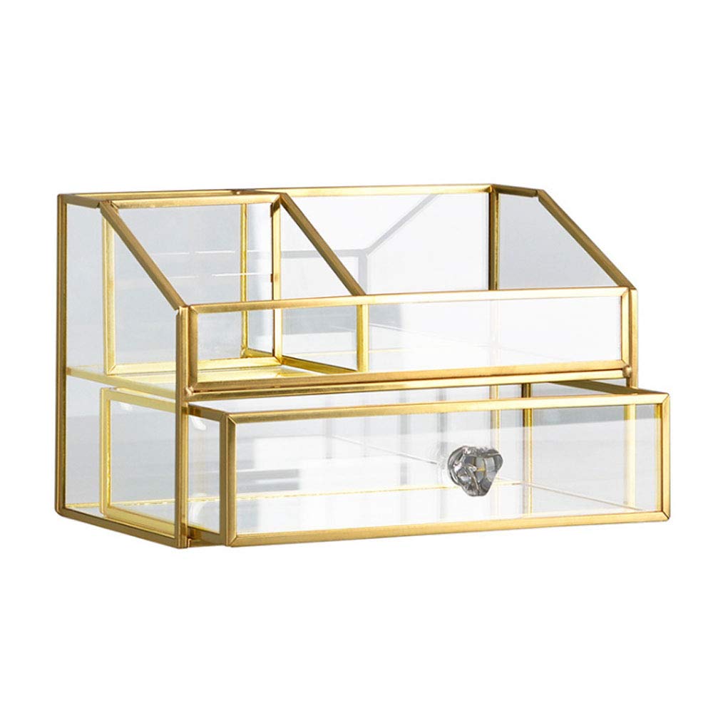 YUEHUA Clear Makeup Organizer, Glass Jewelry Display Box, Gold Makeup Nail Polish Lipsticks Eyeliners Holder Organizer for Vanity Bathroom Office