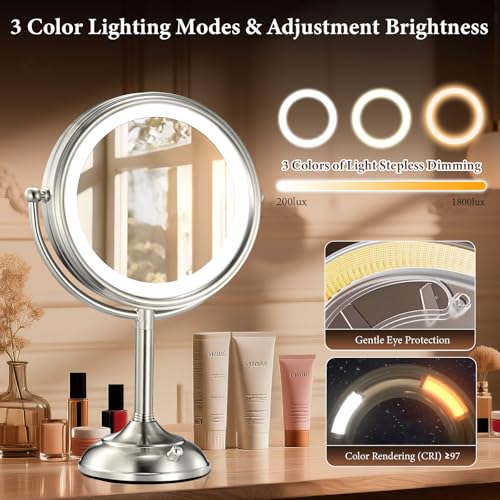 Professional 8.5" Large Lighted Makeup Mirror with Brighter Lights, 1X/10X True HD Magnifying Mirror with 3 Color Dimmable Lights, 90 Shadowless LEDs, 360¡ÆSwivel Seamless Vanity Mirror, Pearl Nickel