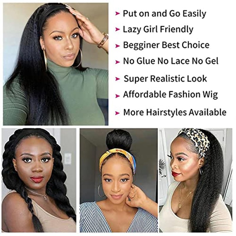 SUPERNOVA Kinky Straight Human Hair Brazilian 180% Wig - Yaki Straight Wigs with Black Headband - Kinky Afro Wigs for Black Women (18 inches)