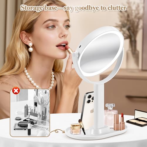 Makeup Mirror with Lights, Double Sided 1x/20x Magnifying Mirror with Light, Rechargeable 3 Color Lights and Adjustable Brightness, 360¡Æ Rotation Detachable Comes with Tweezer(White)