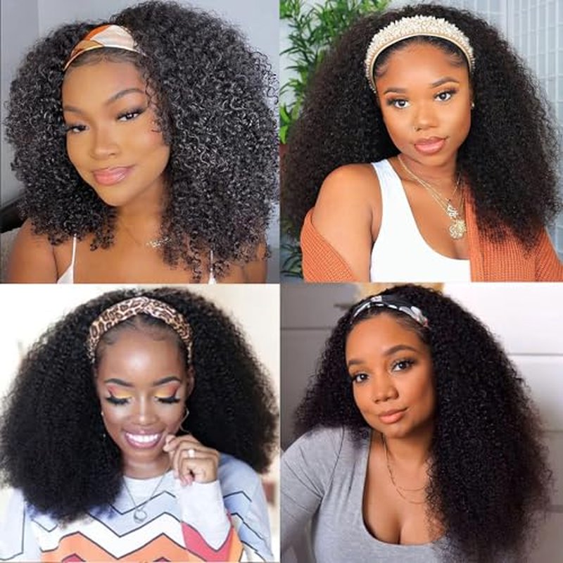 XSY Headband Wig Human Hair for Black Women Kinky Curly Headband Wig Glueless Brazilian Hair None Lace Front Wigs 150% Density Half Wigs Natural Colour 150% Density (24inch)