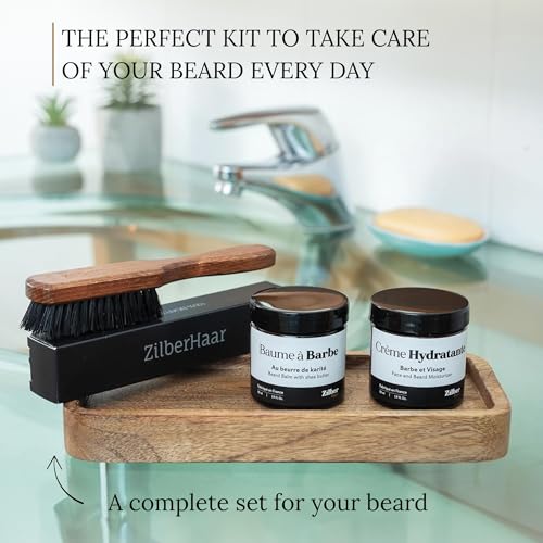ZilberHaar - Beard Care Kit for Men - 1 Regular Beard Brush + 1 Beard Balm + 1 Moisturizing Cream - Stiff Boar Bristles and Beech Wood - Short to Medium Length Beards - Supplied in a Velvet Bag