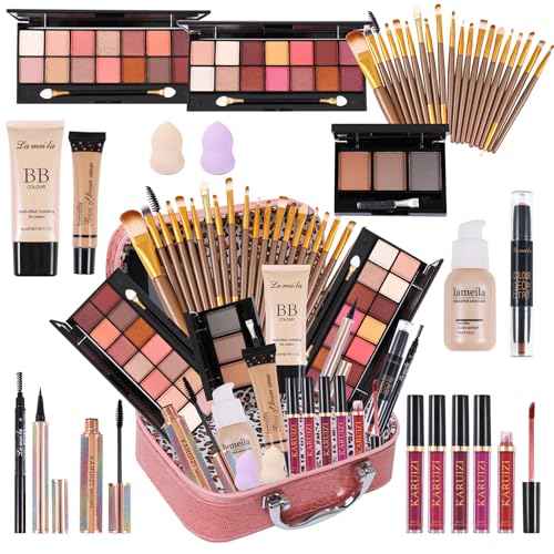 makeup sets for women,Professional Makeup Kit with Eyeshadow Palette,Brushes Set, Foundation, Lip Gloss, Travel Bag, Complete Beauty Set (Pink bag)