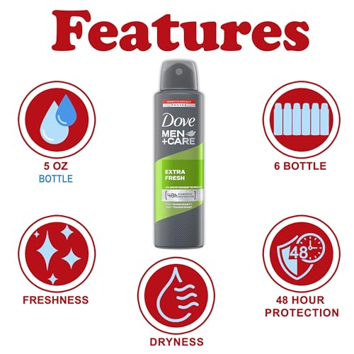 Dove Men + Care Antiperspirant Deodorant Spray, 6 Pack, 48H Protection, Long-Lasting Extra Fresh Scent, Soothes & Moisturises Skin, 5 oz. Each