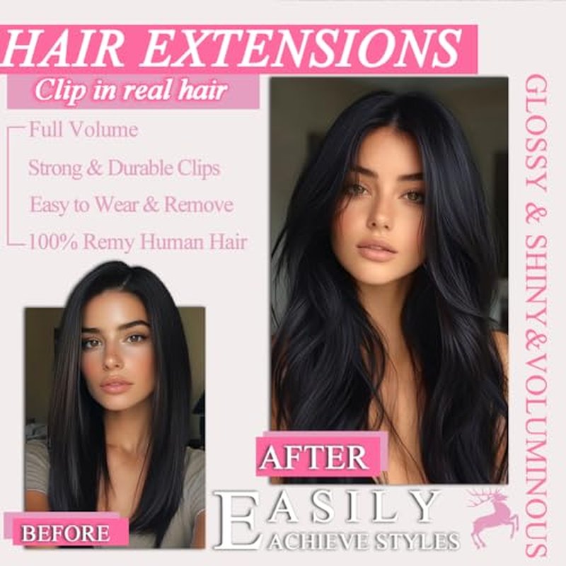 Clip in Hair Extensions, 18 Inch 7Pcs Invisible Seamless Real Hair Extensions Clip in Human Hair, 1B Natural Black Straight Human Hair Extensions for Women, 95g Double Weft Remy Human Hair